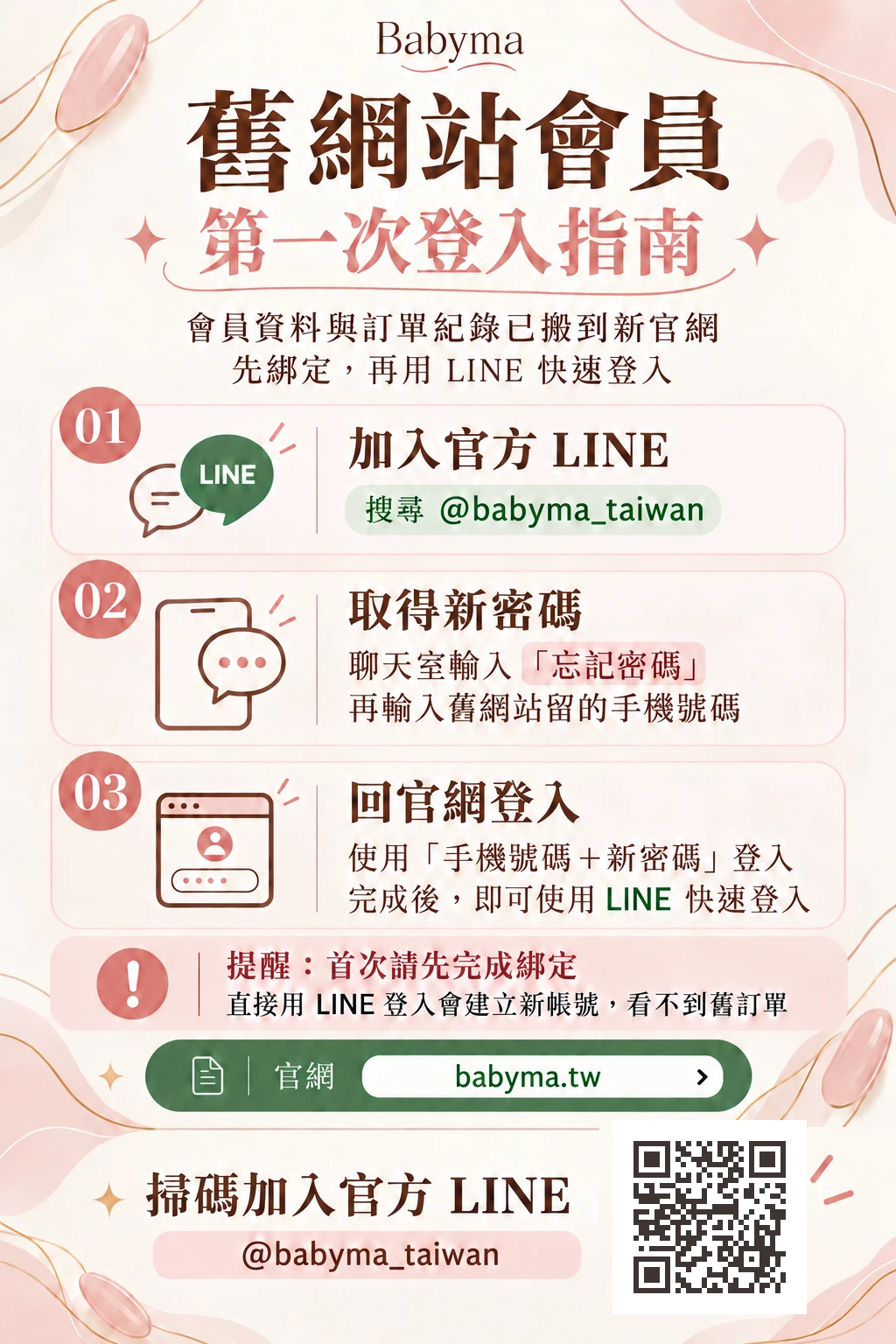 Babyma 舊會員首次登入指南:加入官方 LINE、輸入忘記密碼及舊網站手機號碼、使用新密碼登入;請先綁定再用 LINE 快速登入。